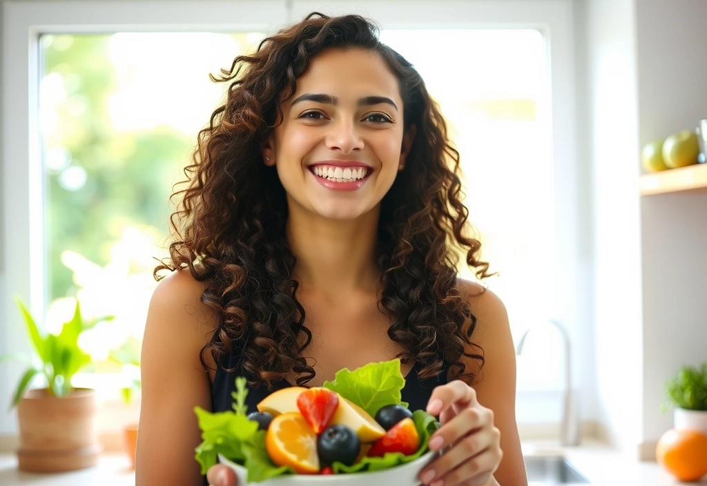 Glückliche, gesunde Person genießt frische Lebensmittel